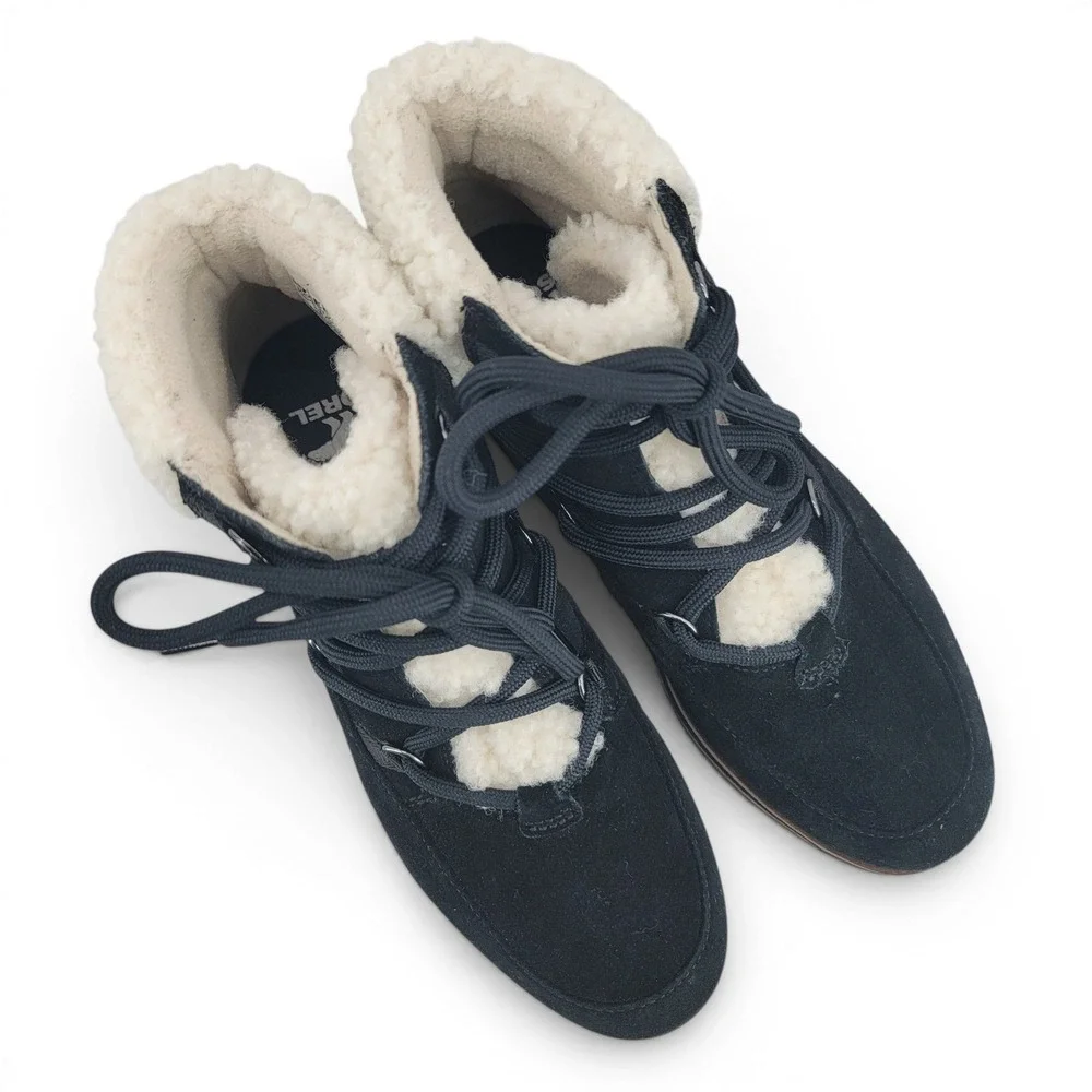 Sorel Womens 8 Black Suede Faux Shearling Winter Boots Cozy Apres Ski Comfort‎